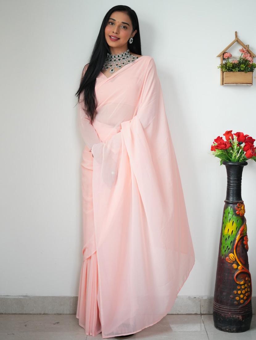 women pink solid georgette saree with blouse - 21169109 - Standard Image - 2