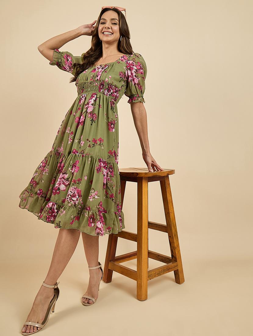 green georgette fit & flare dress