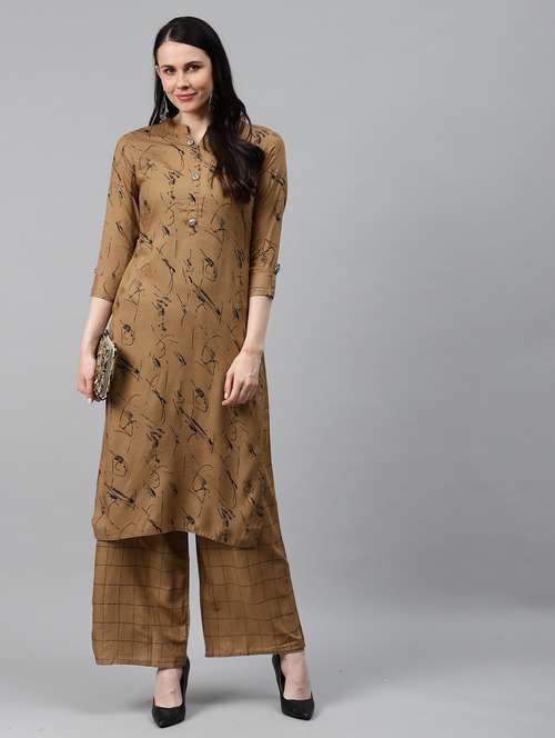 women printed mandarin neck kurta palazzo set - 21171157 - Standard Image - 0