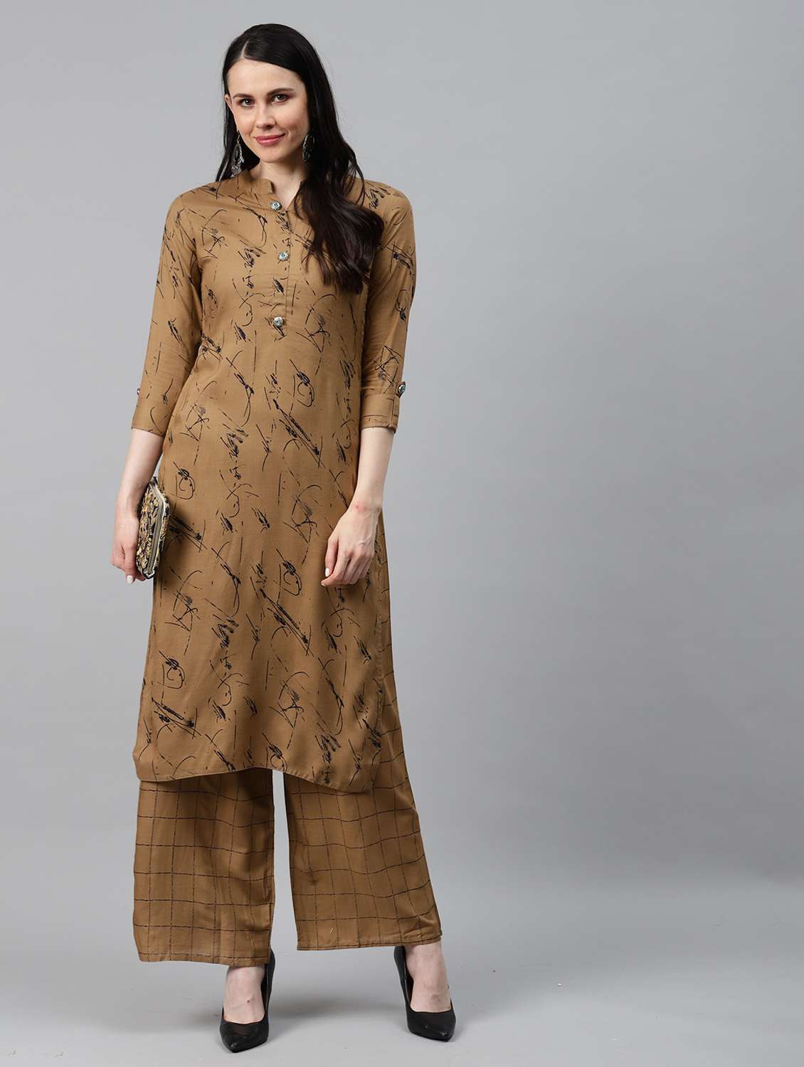 women printed mandarin neck kurta palazzo set - 21171157 - Zoom Image - 0