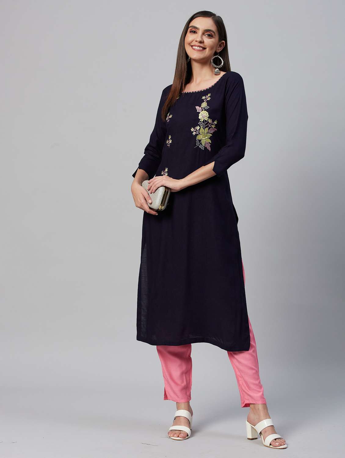 navy blue embroidered kurta pant set - 21171569 - Standard Image - 2