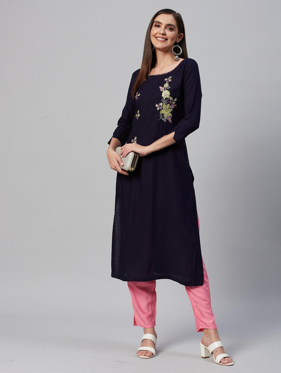 navy blue embroidered kurta pant set - 21171570 - Standard Image - 2
