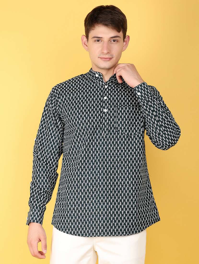 men green printed long sleeves short kurta
