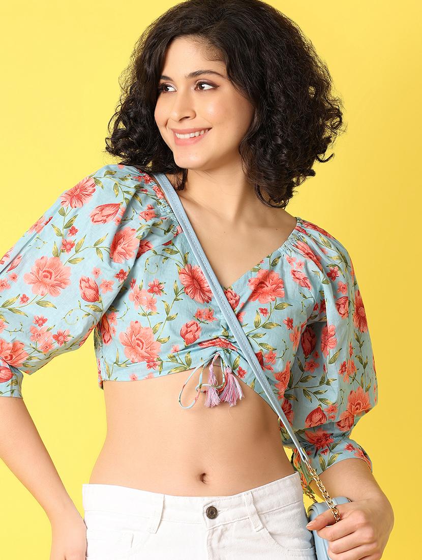 blue floral printed crop top - 21172236 - Standard Image - 2