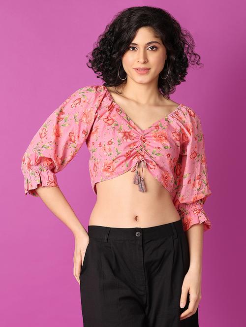 pink floral printed crop top - 21172237 - Standard Image - 0