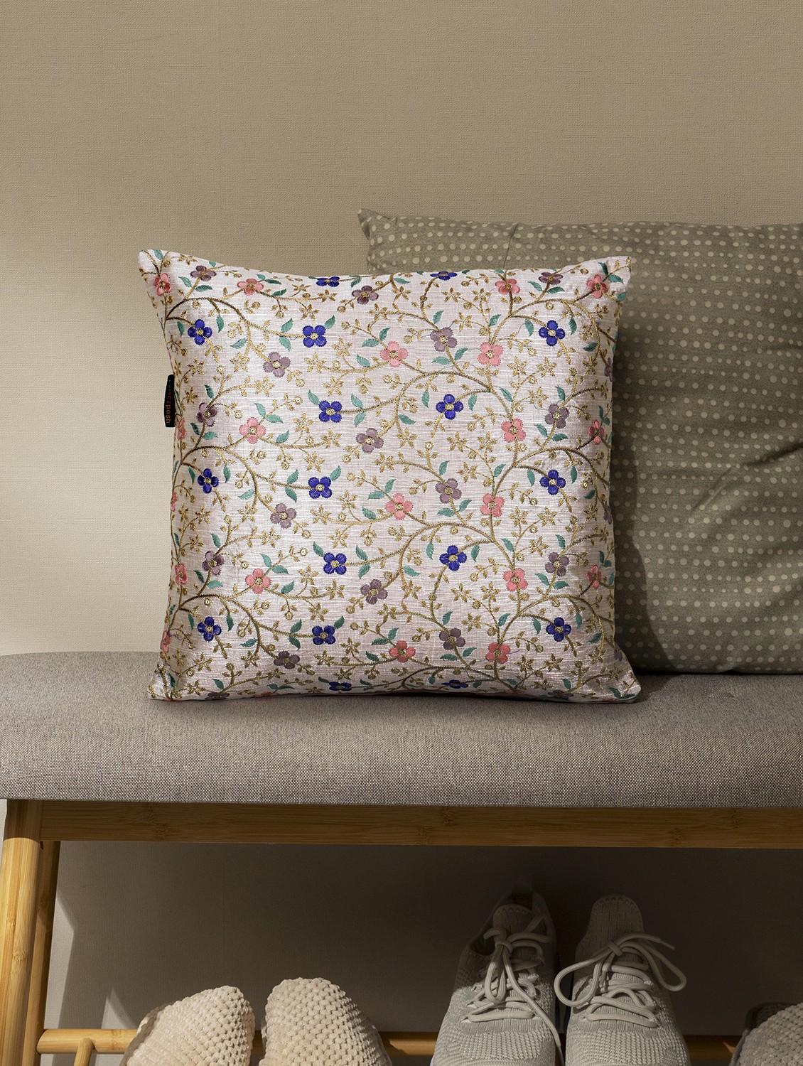 mezposh cream & multi floral embroidered faux silk cushion cover (16"x16") - 21172649 -  Zoom Image - 0
