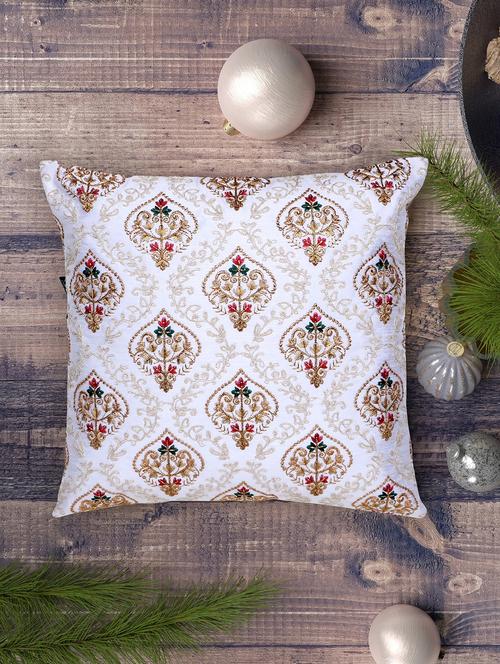 mezposh white, gold & multi damask embroidered faux silk cushion cover (16"x16") - 21172651 -  Standard Image - 0
