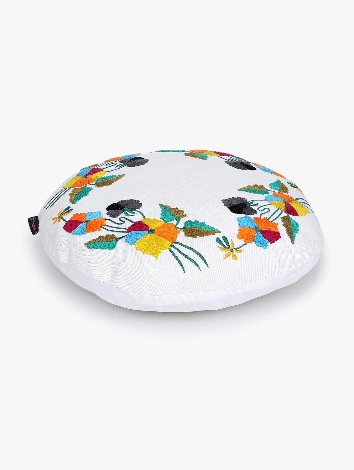 mezposh white & multi floral embroidered cotton canvas cushion cover (16 inch dia) - 21172653 - Standard Image - 2