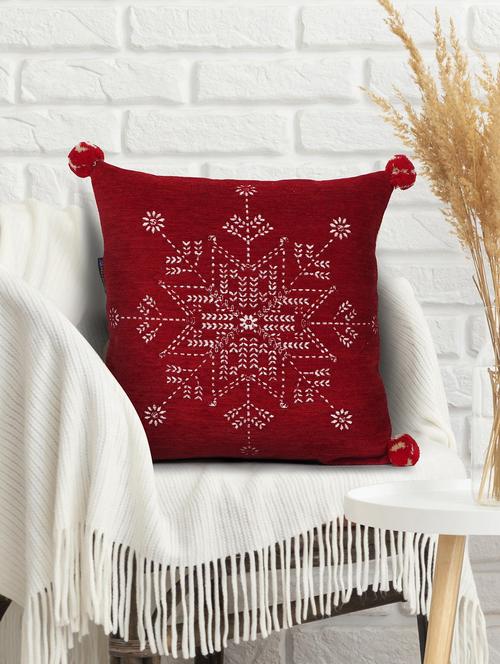 mezposh cherry red & cream snowflake pattern polyvelvet cushion cover (16"x16") - 21172654 - Standard Image - 0