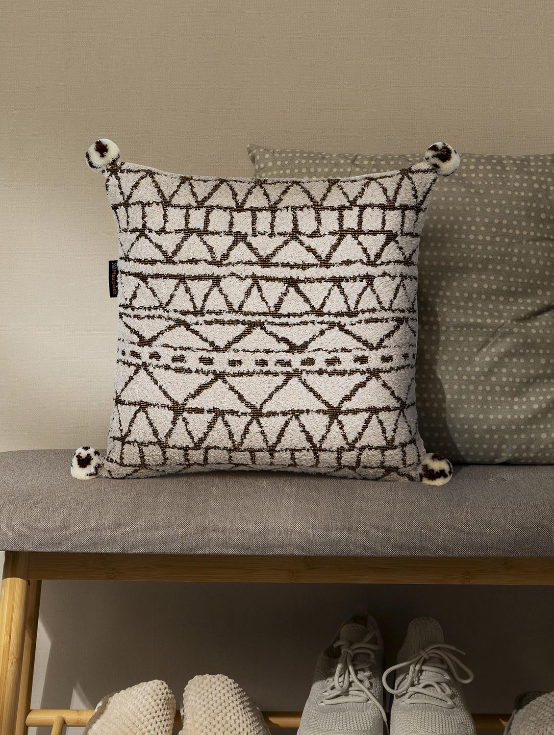 mezposh cream & gold geometric cotton acrylic jacquard cushion cover (16"x16") - 21172658 - Zoom Image - 0
