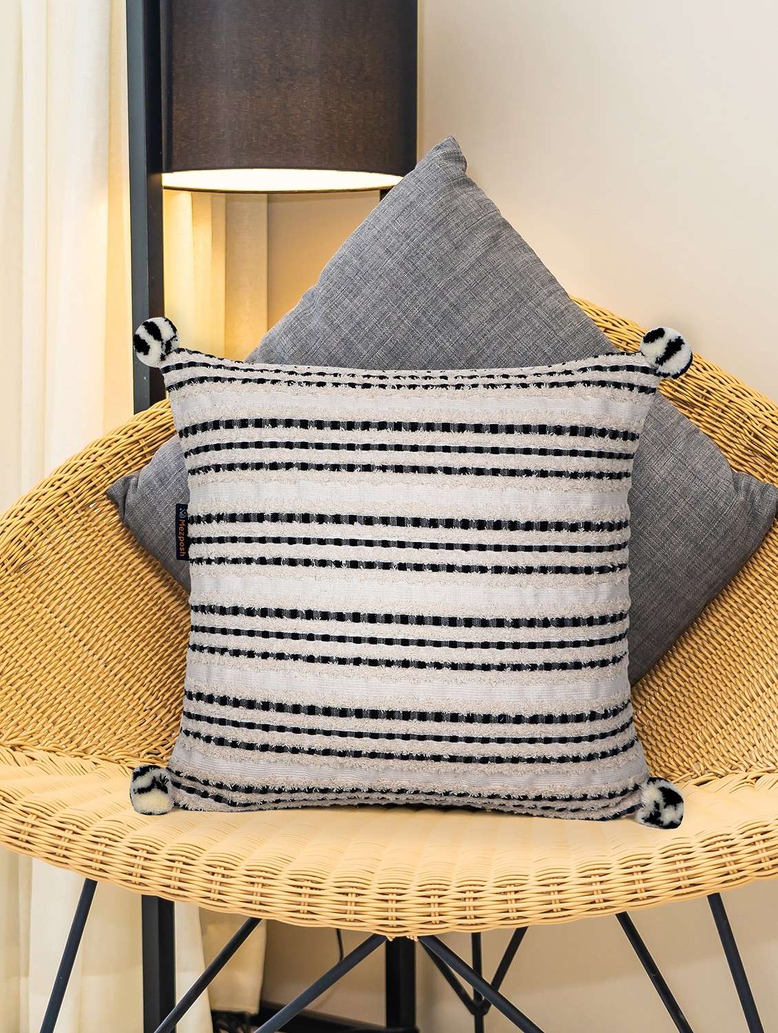 mezposh natural & black striped cotton acrylic jacquard cushion cover (16"x16")