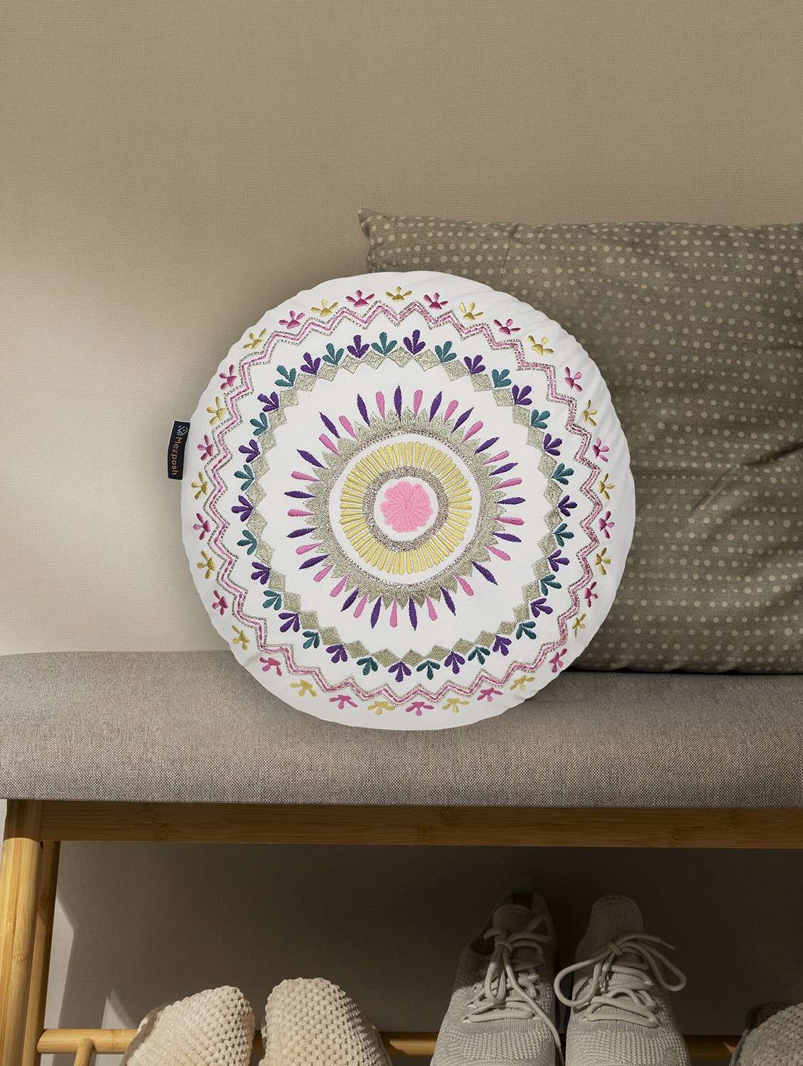 mezposh natural & multi mandala embroidered cotton canvas cushion cover (16 inch dia)