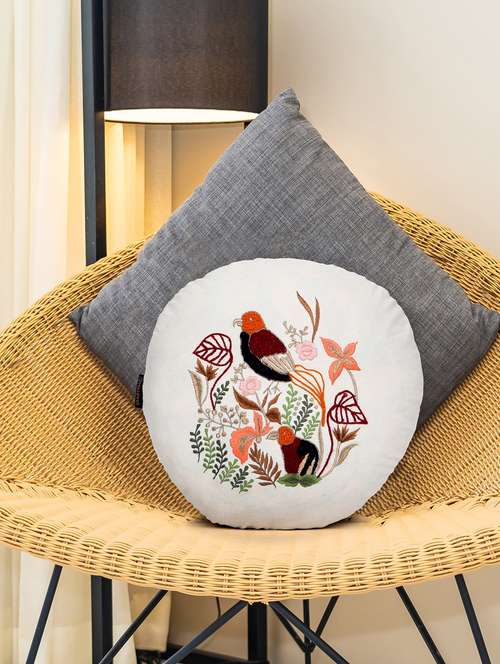 mezposh natural & multi quirky embroidered cotton canvas cushion cover (16 inch dia) - 21172661 - Standard Image - 0