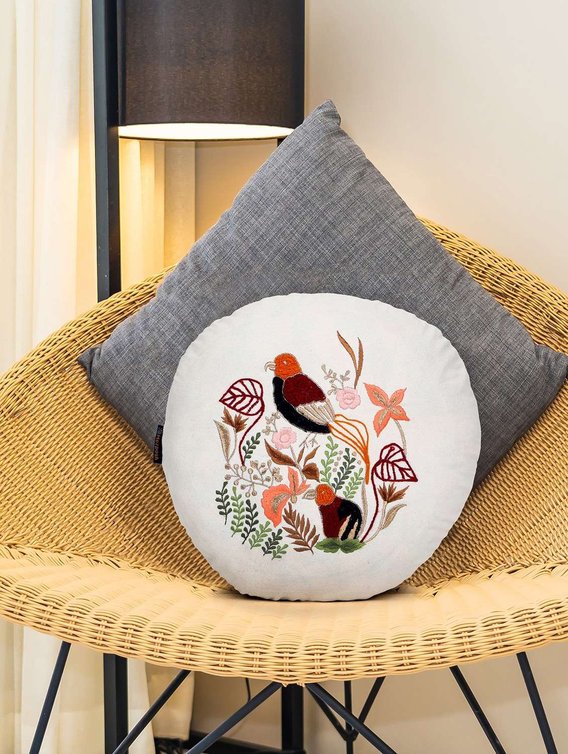 mezposh natural & multi quirky embroidered cotton canvas cushion cover (16 inch dia) - 21172661 - Zoom Image - 0
