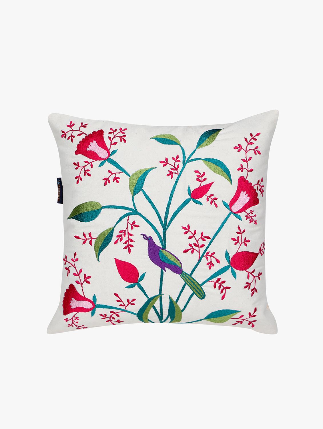 mezposh natural, pink & green quirky embroidered cotton canvas cushion cover (16"x16") - 21172662 - Standard Image - 2