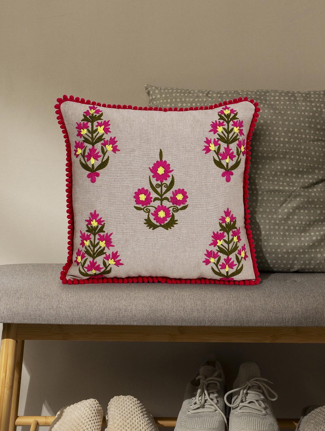 mezposh beige, pink & green floral embroidered chambray canvas cushion cover (16"x16")