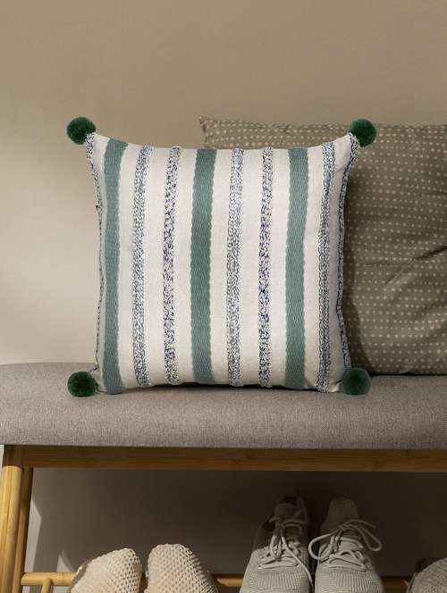 mezposh natural & sage striped cotton acrylic jacquard cushion cover (16"x16") - 21172667 - Standard Image - 0