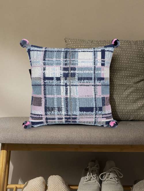 mezposh blue, pink & multi checkered cotton acrylic jacquard cushion cover (16"x16") - 21172669 - Standard Image - 0