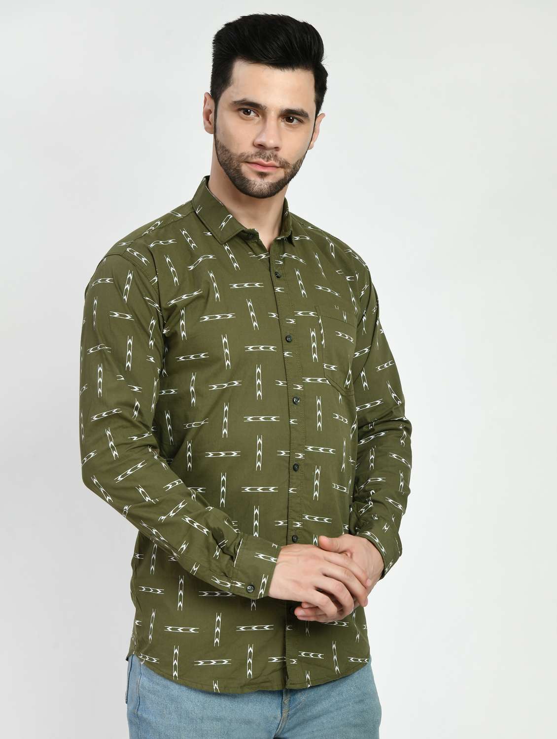 olive green printed casual shirt - 21173842 - Standard Image - 2