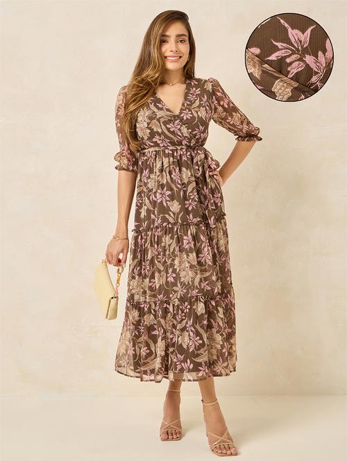 women brown floral printed tiered dress - 21174647 - Standard Image - 0