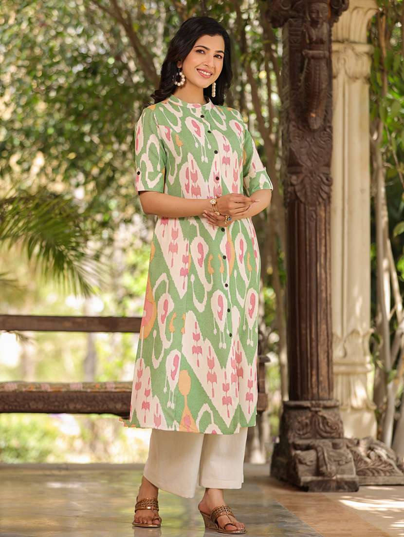 green cotton aline kurta - 21176177 - Standard Image - 2