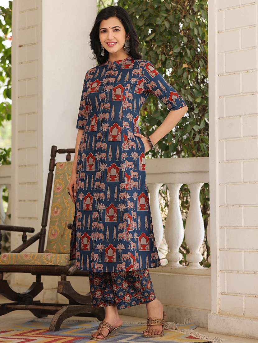 women navy blue printed kurta pant set - 21176179 - Standard Image - 2