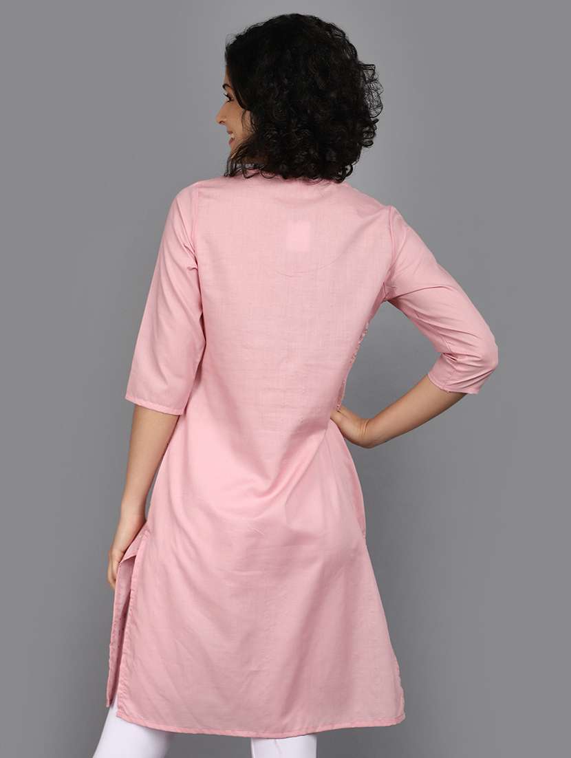women pink tie-up neck straight kurta - 21176501 -  Standard Image - 2