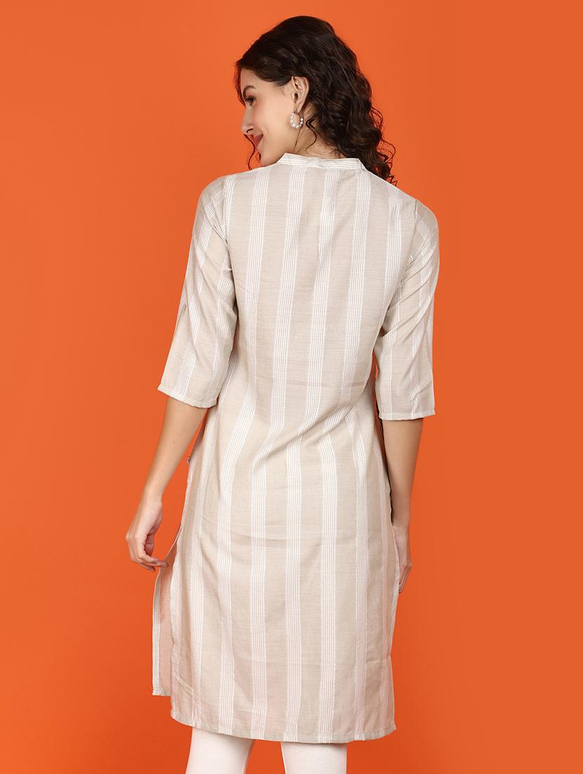 women beige mandarin neck straight kurta - 21176530 - Standard Image - 2
