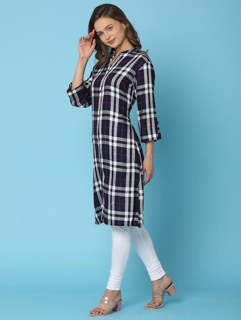 women navy blue mandarin neck a-line kurta - 21176574 - Standard Image - 2