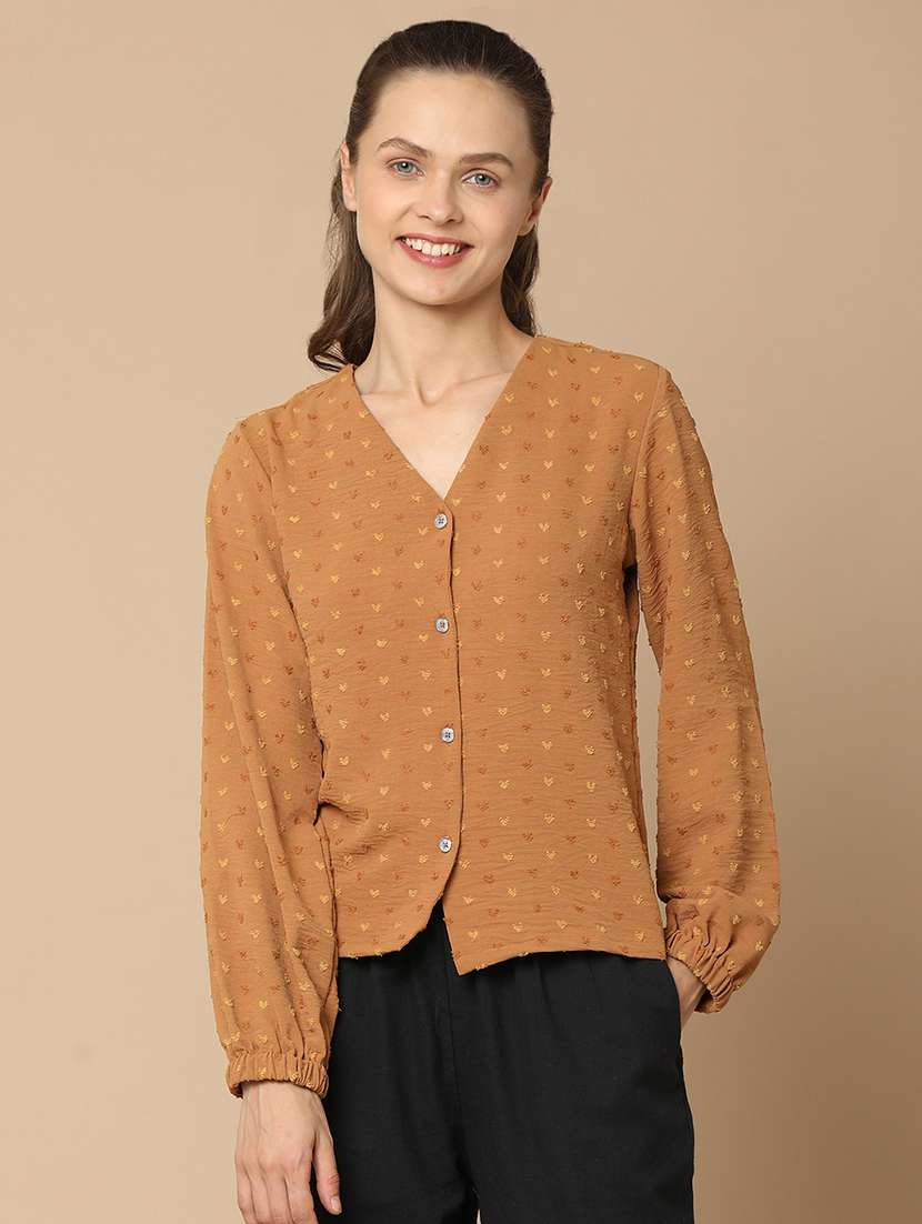 women brown self design v-neck top