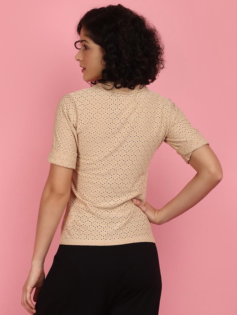 women beige schiffli work collared top - 21176596 - Standard Image - 2