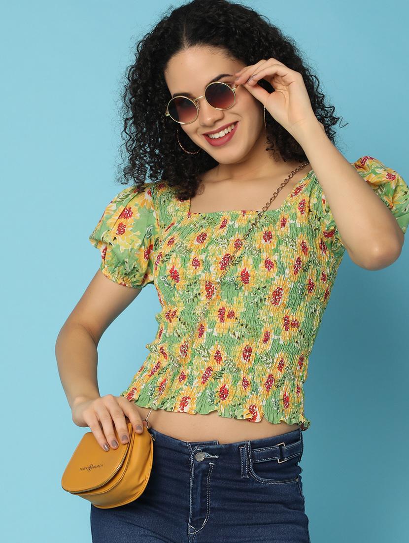 women printed puff sleeves crop top - 21176598 - Standard Image - 2