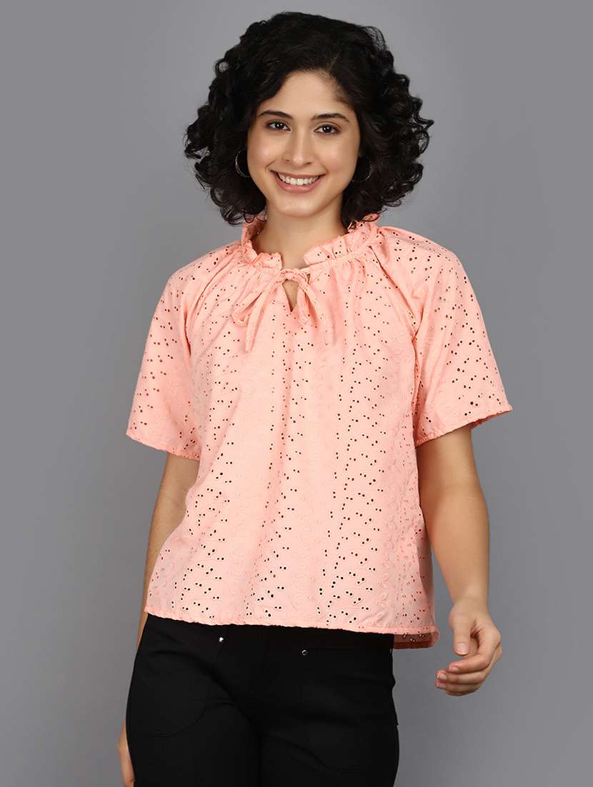 women peach schiffli work short sleeves top