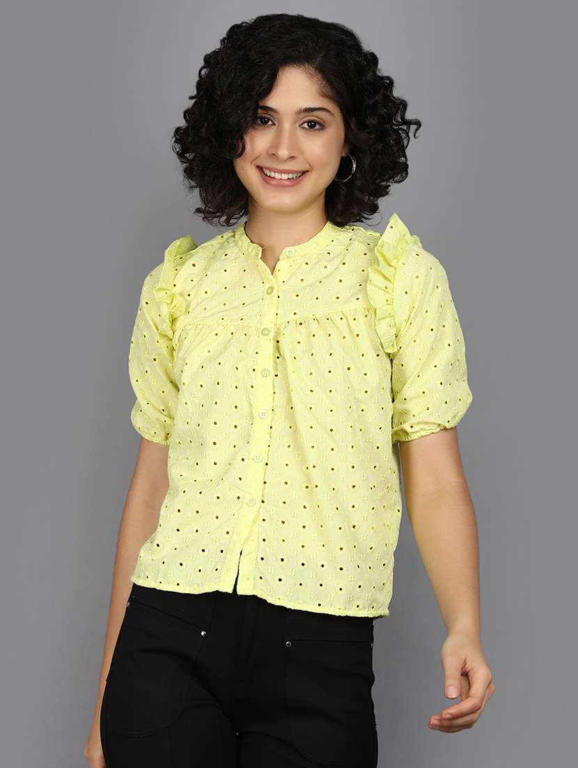 women yellow schiffli work short sleeves top