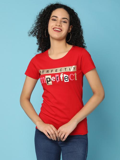 women chest print round neck t-shirt - 21176888 - Standard Image - 0