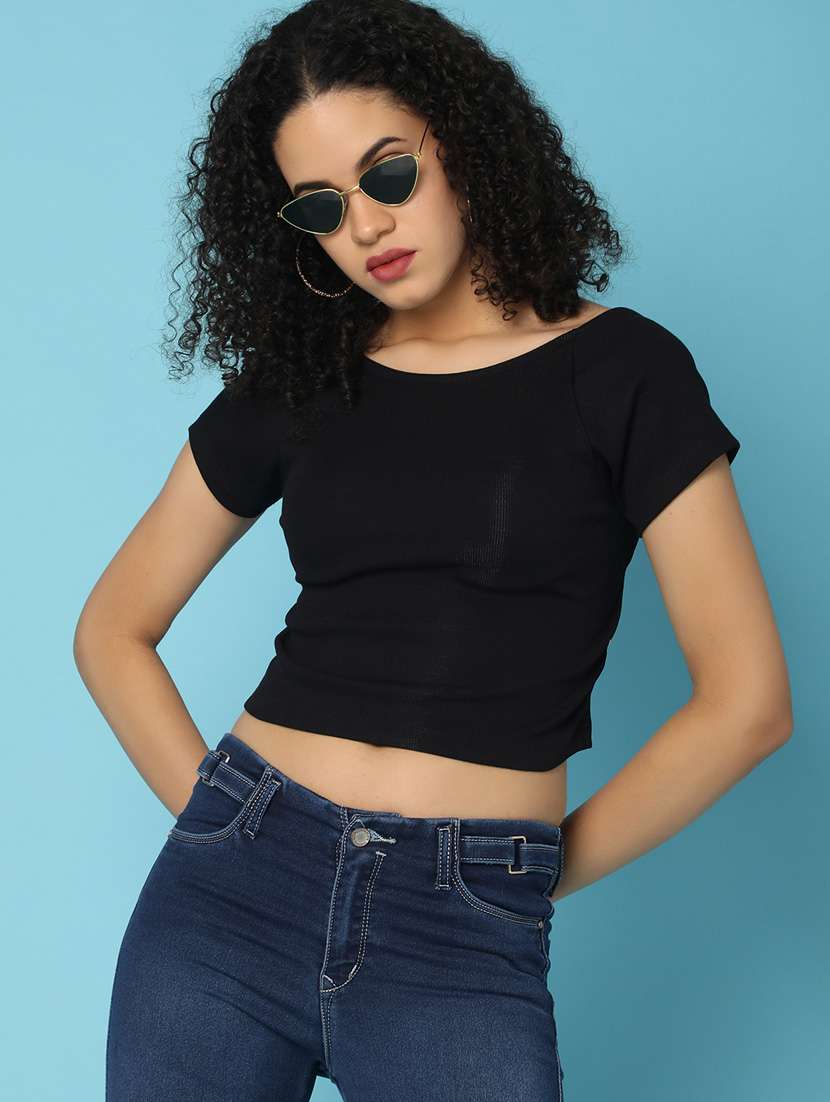 Women Solid Boat Neck Crop Top - 21176904 -  Standard Image - 2