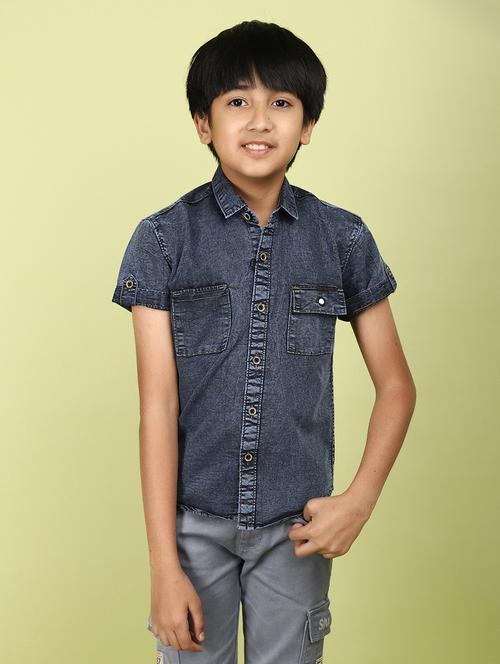 boys blue solid denim shirt - 21177335 - Standard Image - 0
