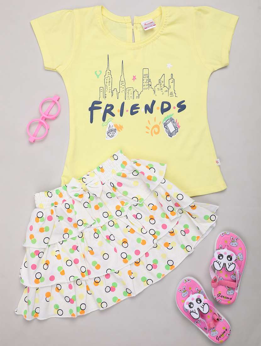 yellow printed skirt top set