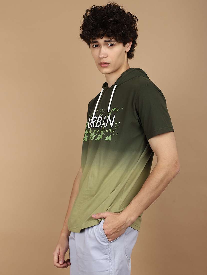 olive green hood neck printed t-shirt - 21177970 -  Standard Image - 2