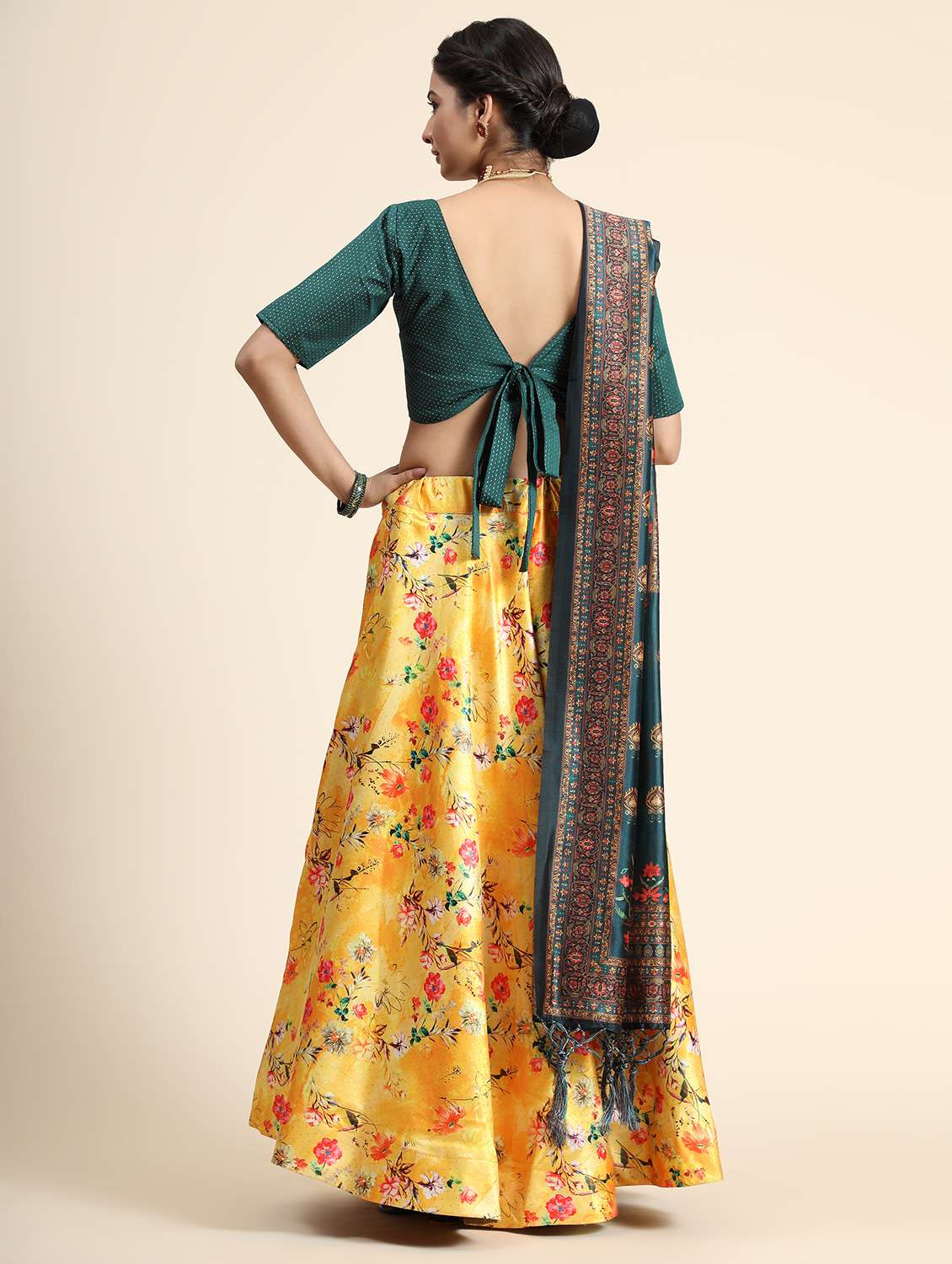yellow satin blend flared lehenga - 21178046 -  Standard Image - 2