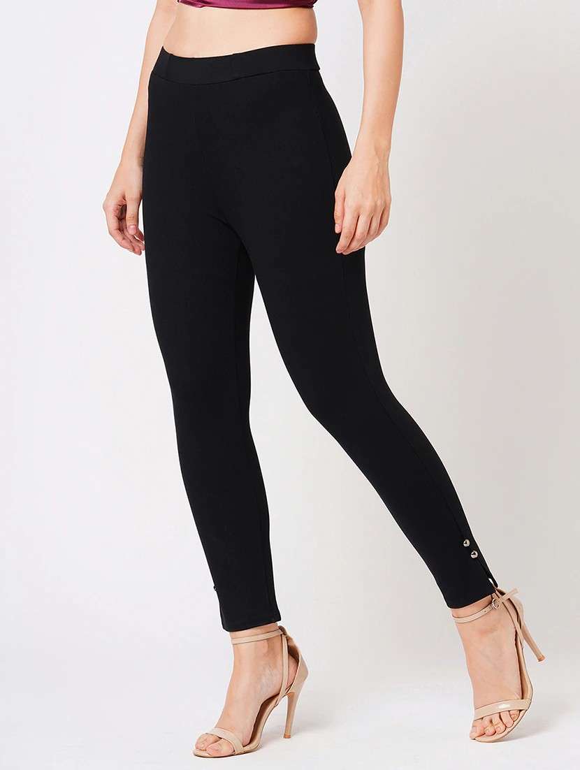 globus women black stretchable mid-rise woven skinny fit workwear treggings - 21178313 - Standard Image - 2