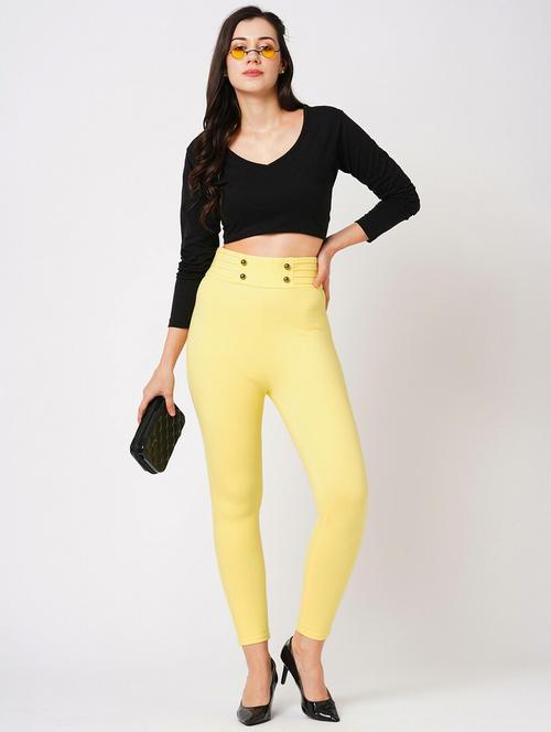 globus women lime yellow stretchable mid-rise pintuck waist skinny fit workwear treggings - 21178315 - Standard Image - 0