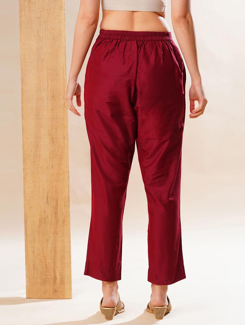 globus women maroon back elasticated mid-rise flat front festive pants - 21178321 - Standard Image - 2