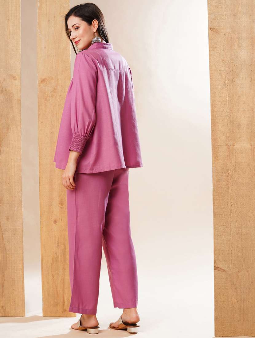 globus women purple shirt collar smocked yoke solid top & straight pants fusion co-ord set - 21178322 -  Standard Image - 2
