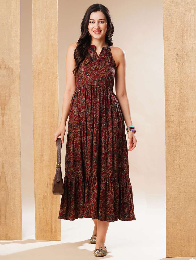 globus women maroon mandarin collar allover floral print tiered fit & flare fusion maxi dress