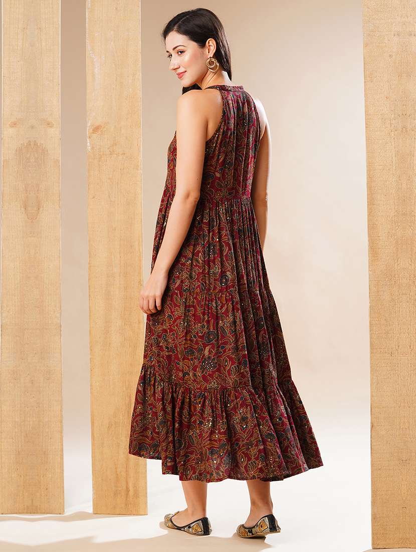globus women maroon mandarin collar allover floral print tiered fit & flare fusion maxi dress - 21178324 -  Standard Image - 2