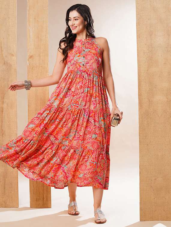 globus women multi mandarin collar allover floral print tiered fit & flare fusion maxi dress