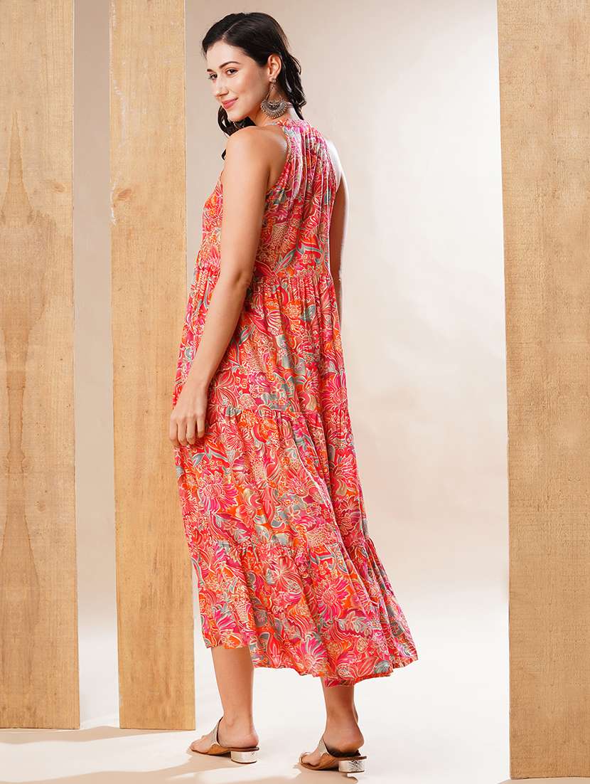 globus women multi mandarin collar allover floral print tiered fit & flare fusion maxi dress - 21178325 - Standard Image - 2