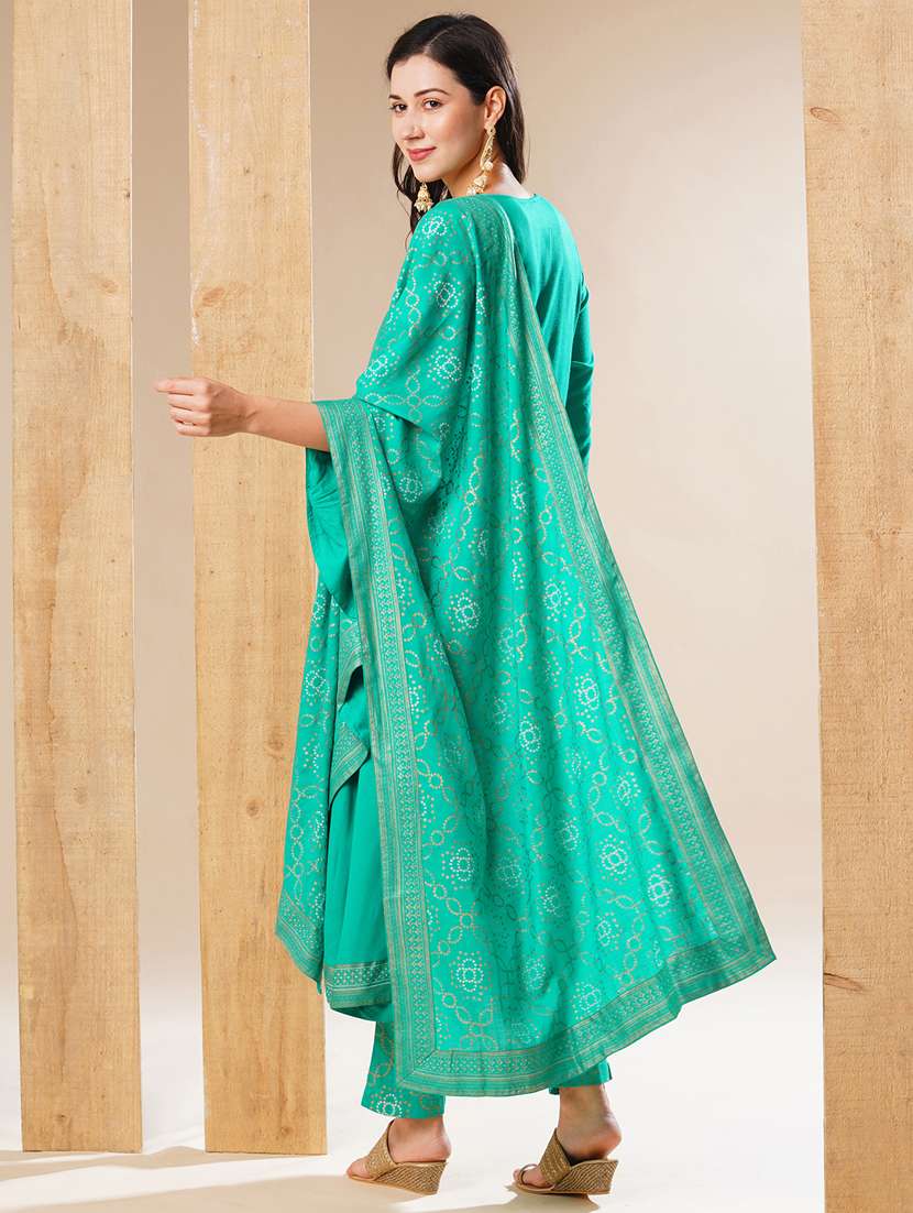 globus women green embroidered yoke a-line festive kurta with dupatta & pant set - 21178333 -  Standard Image - 2