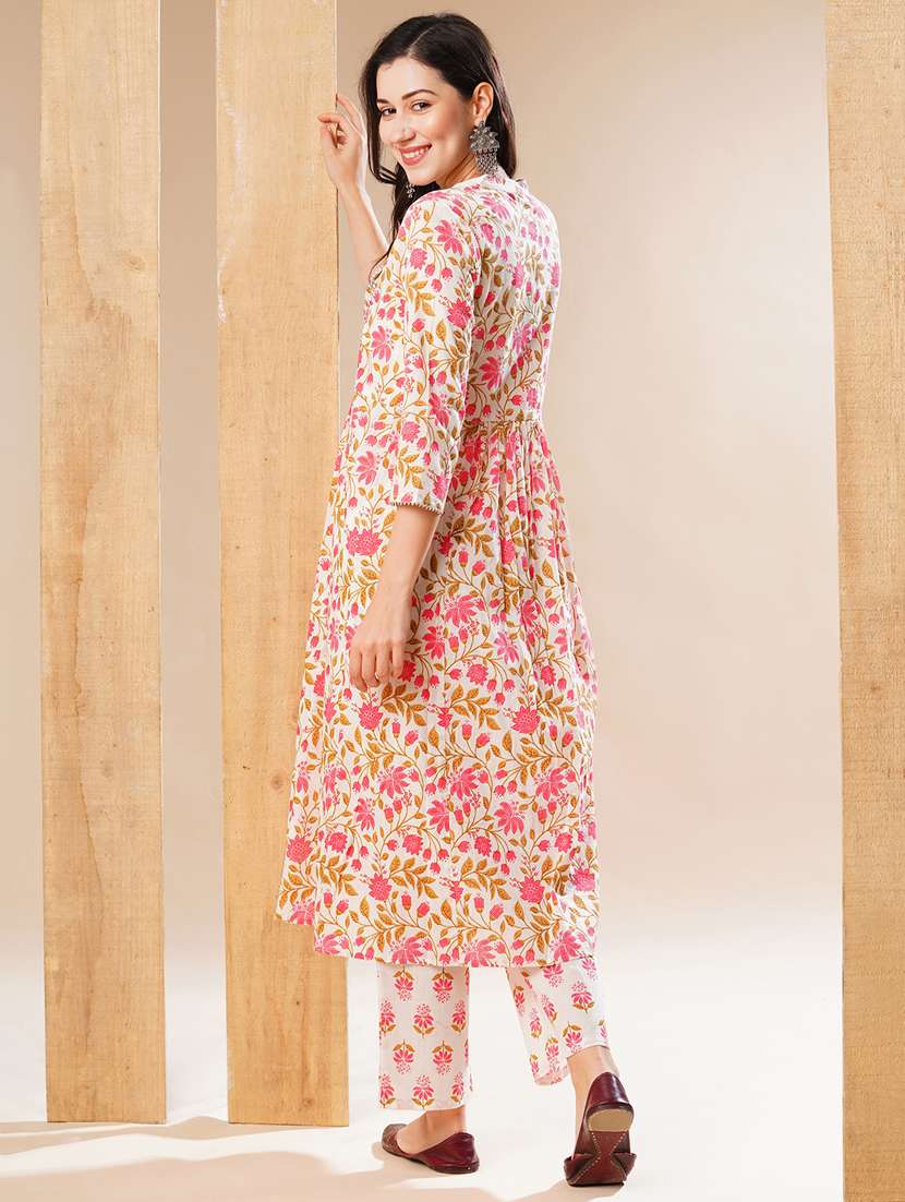 globus women off-white floral print mandarin collar a-line workwear kurta & trouser set - 21178338 -  Standard Image - 2